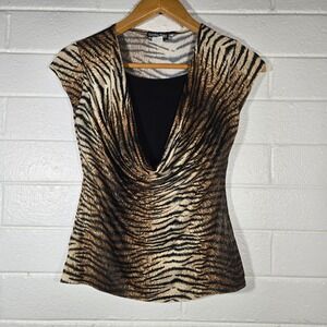 Vtg Y2K Double Take Tiger Stripe Cowl Neck Top Small Petite Gold Metallic Animal